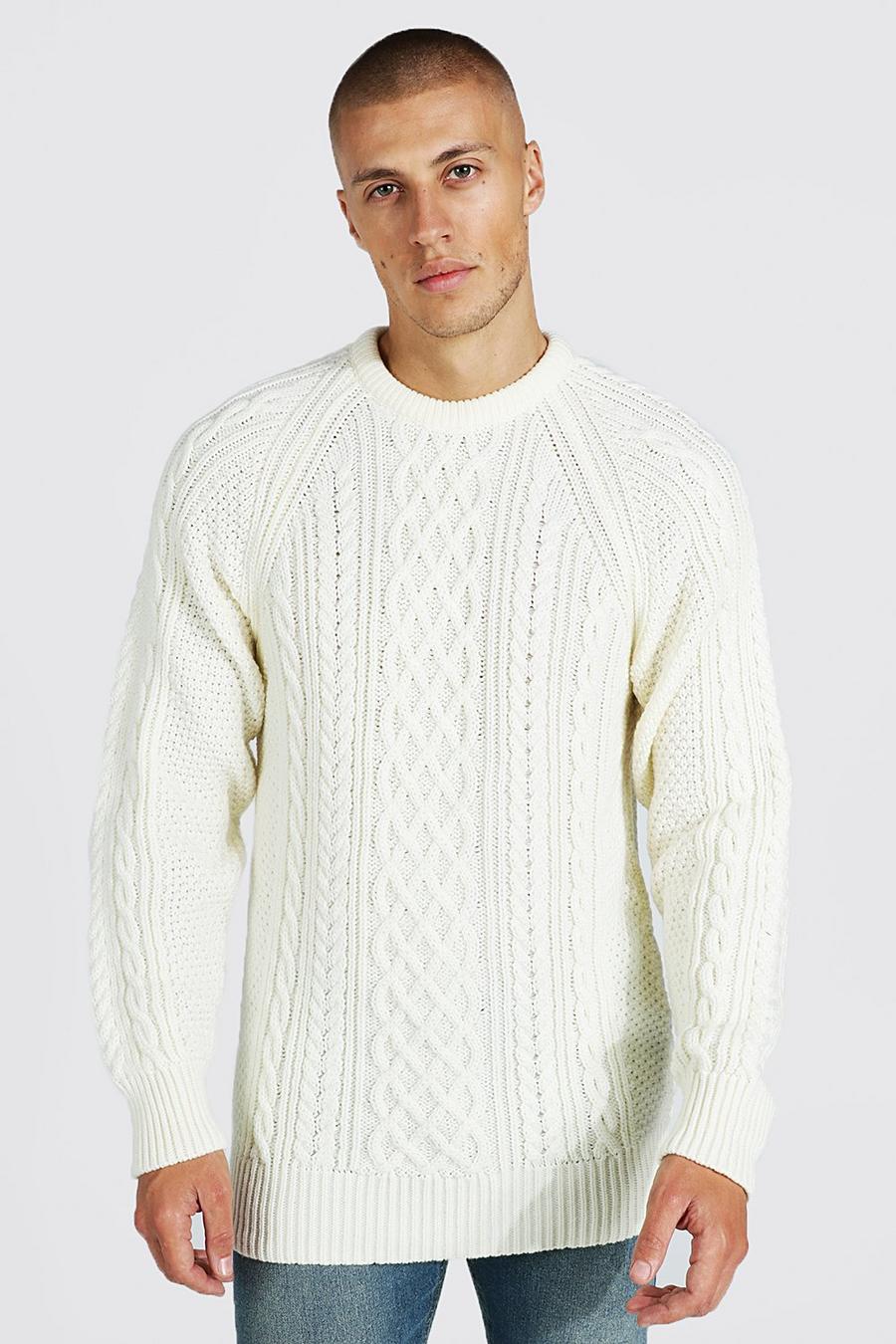 Oversize Raglan Zopfmuster-Pullover, Ecru white image number 1