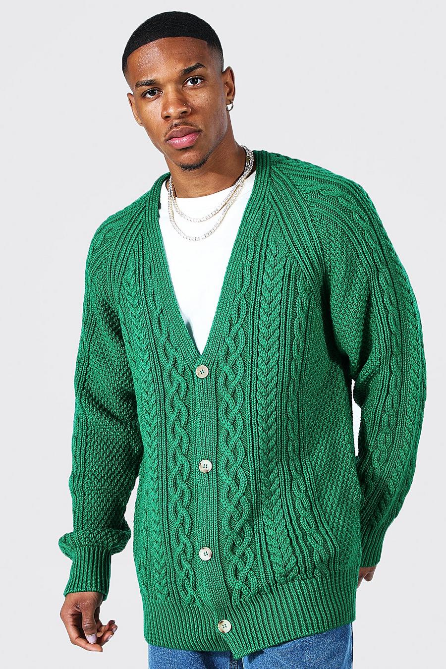 Green Oversize kabelstickad cardigan med raglanärm image number 1