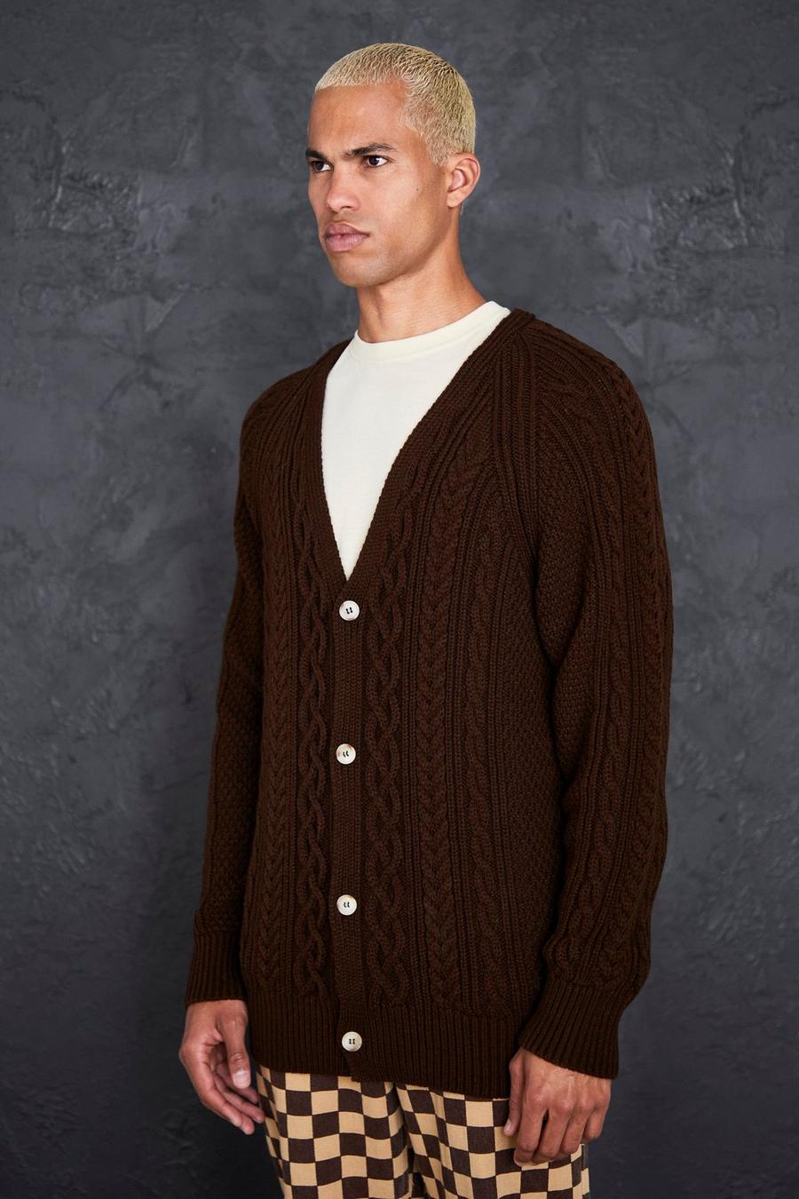 Chocolate brown Oversized Raglan Cable Knitted Cardigan
