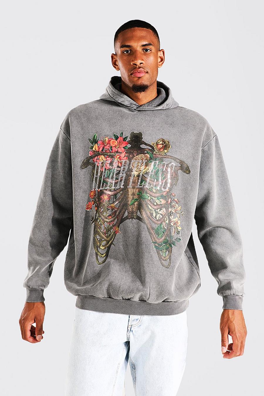 Tall Oversize Hoodie mit Skelett-Print, Charcoal grey image number 1