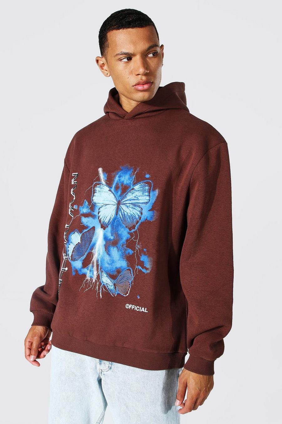 Chocolate Tall Oversized Butterfly Print Hoodie image number 1