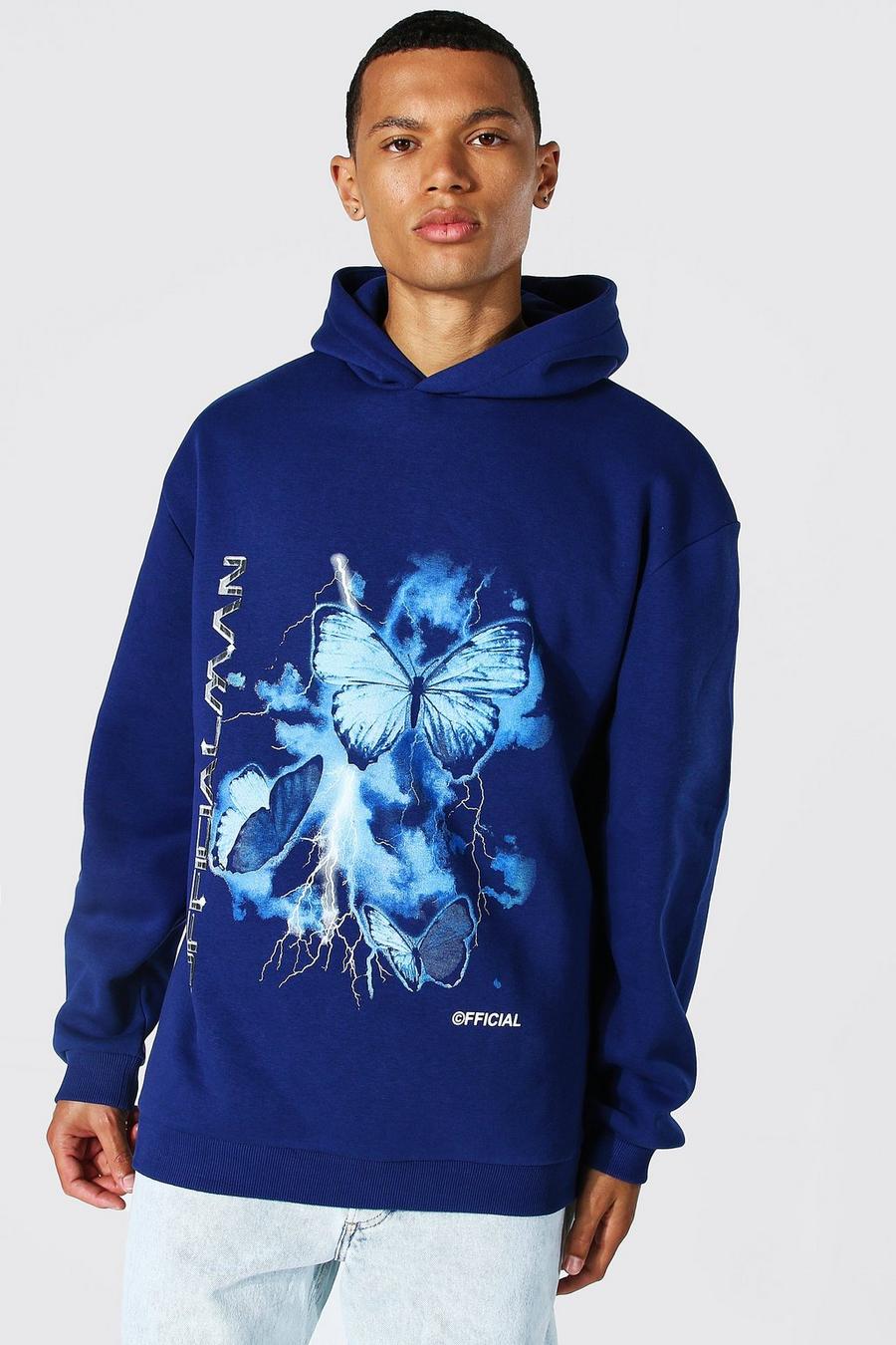 Navy marinblå Tall - Oversize hoodie med fjärilar image number 1