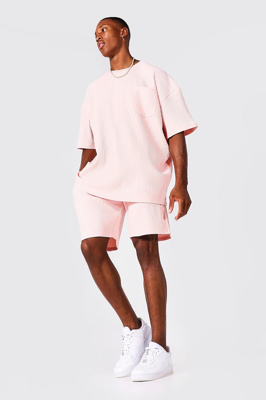 Ensemble oversize effet plissé avec t-shirt et short, Dusky pink rose image number 1