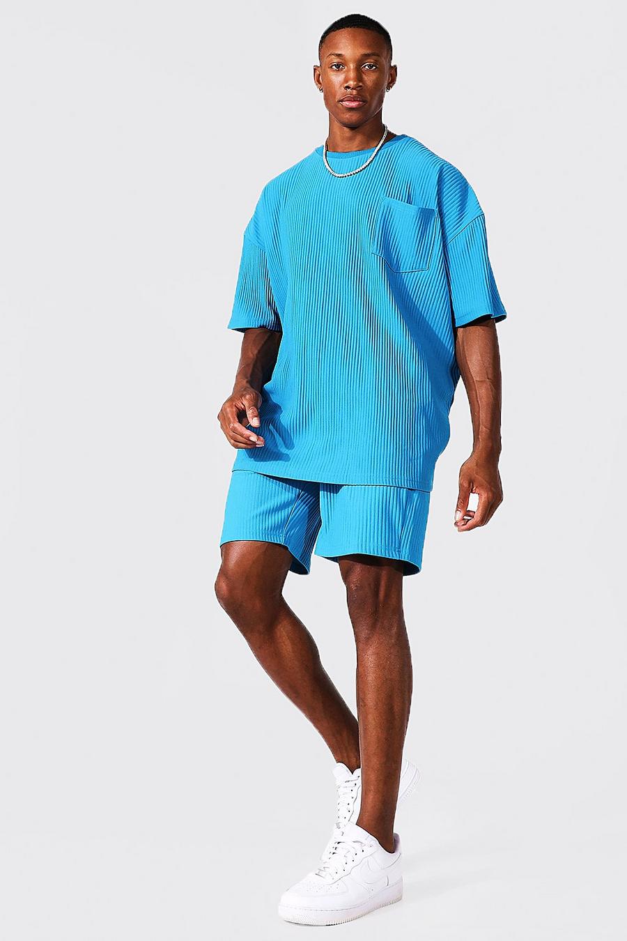 Blue Oversized Geplooid T-Shirt En Shorts Set image number 1