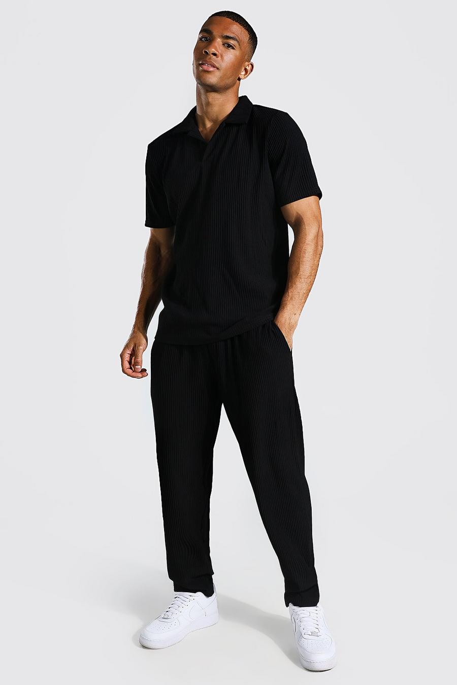 Black Revere Neck Pleated Polo And Jogger Set image number 1