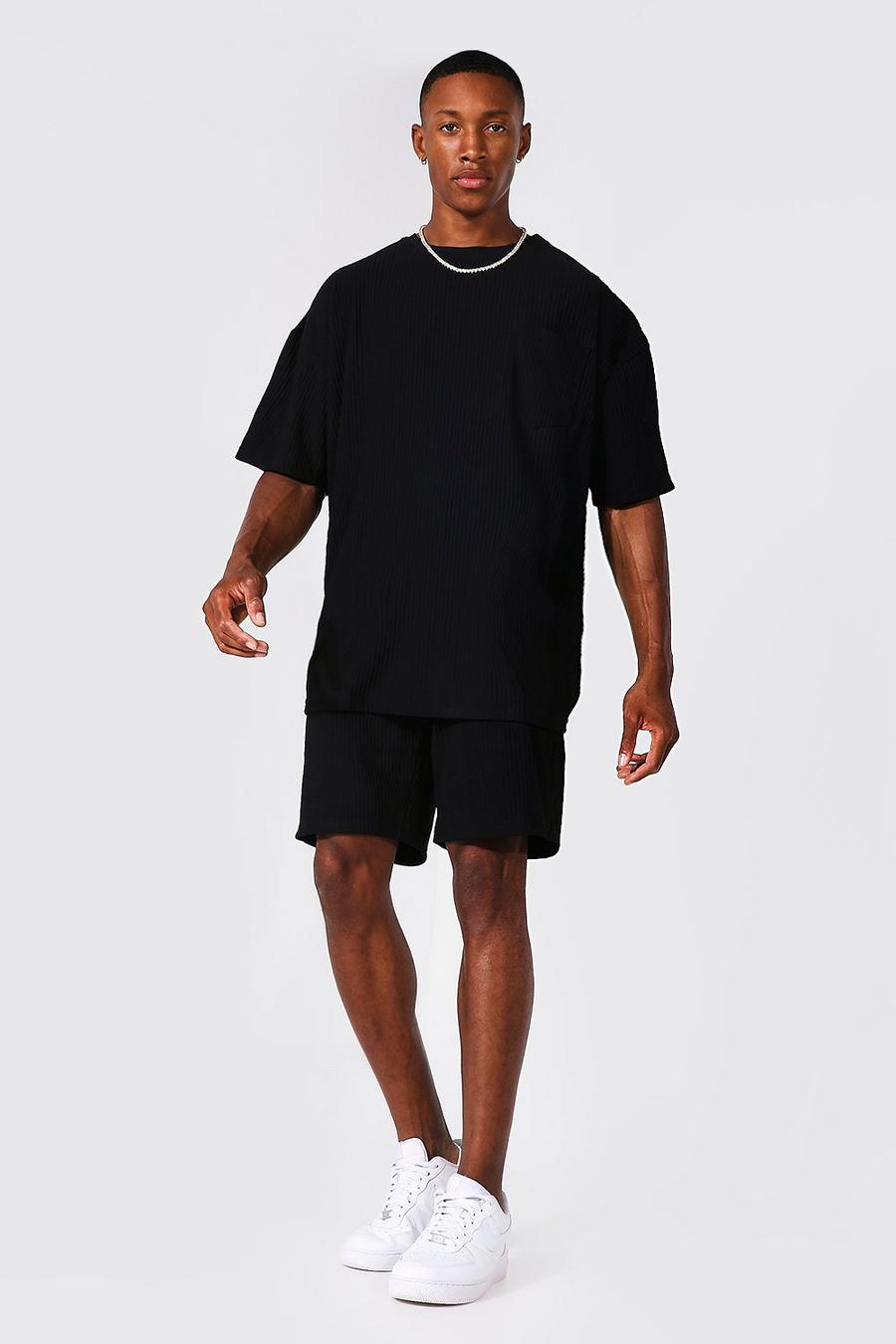 Black noir Oversized Pleated T-shirt and Shorts Set image number 1