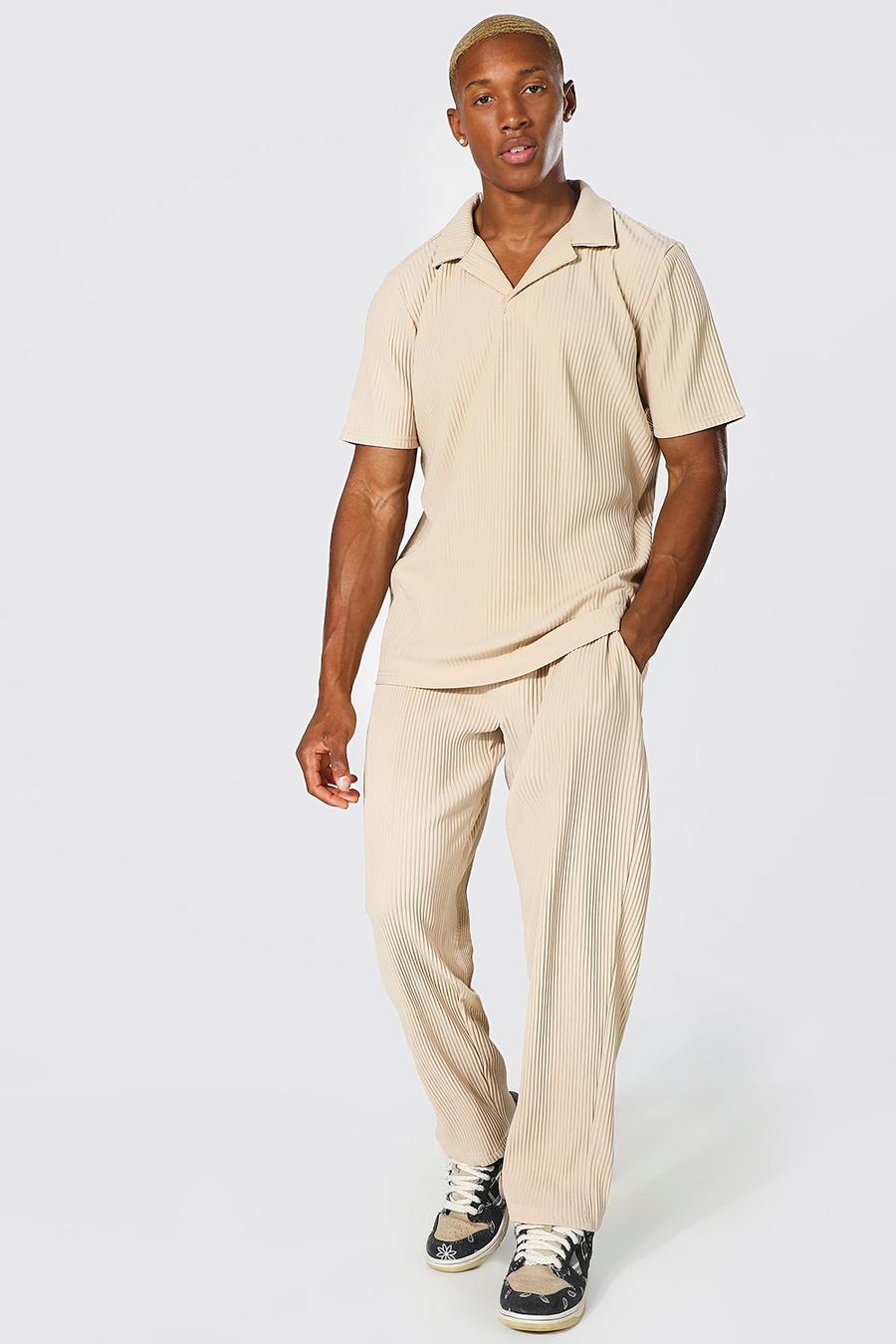 Taupe beige Revere Neck Pleated Polo And Jogger Set image number 1