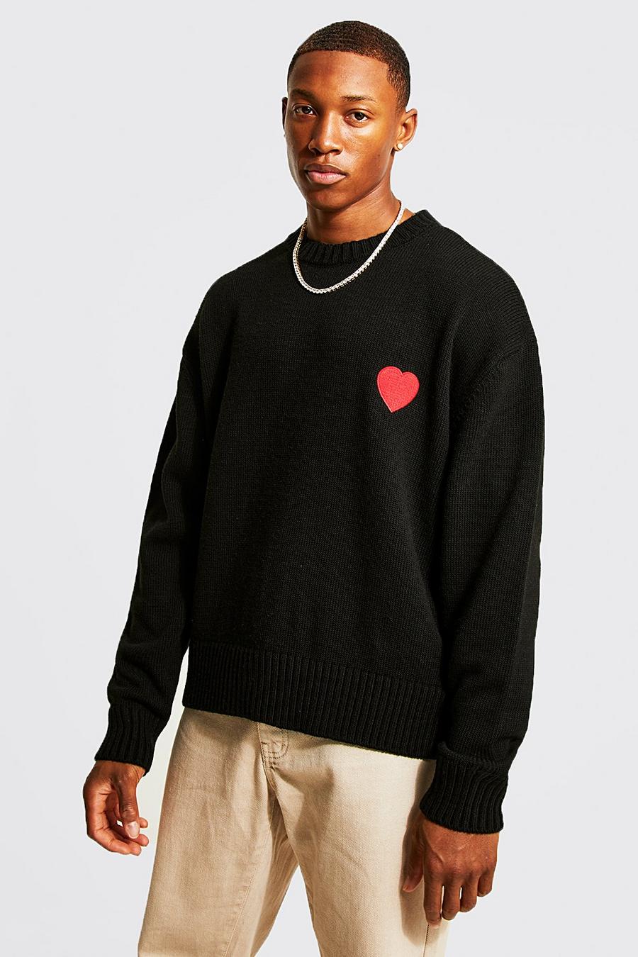 Black Oversize stickad tröja med broderat hjärta image number 1