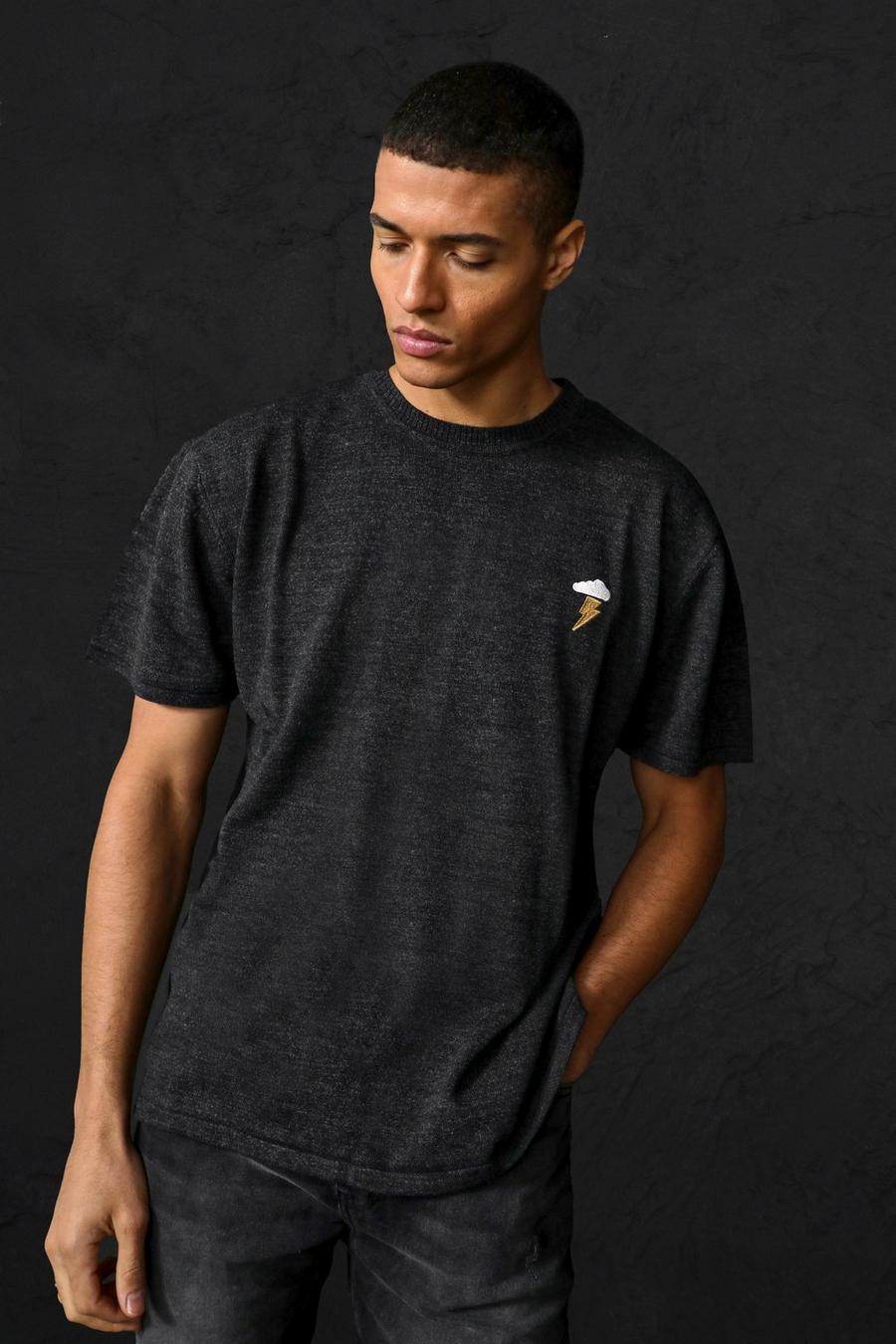 Gestricktes Oversize T-Shirt mit Wolken-Stickerei, Charcoal gris image number 1
