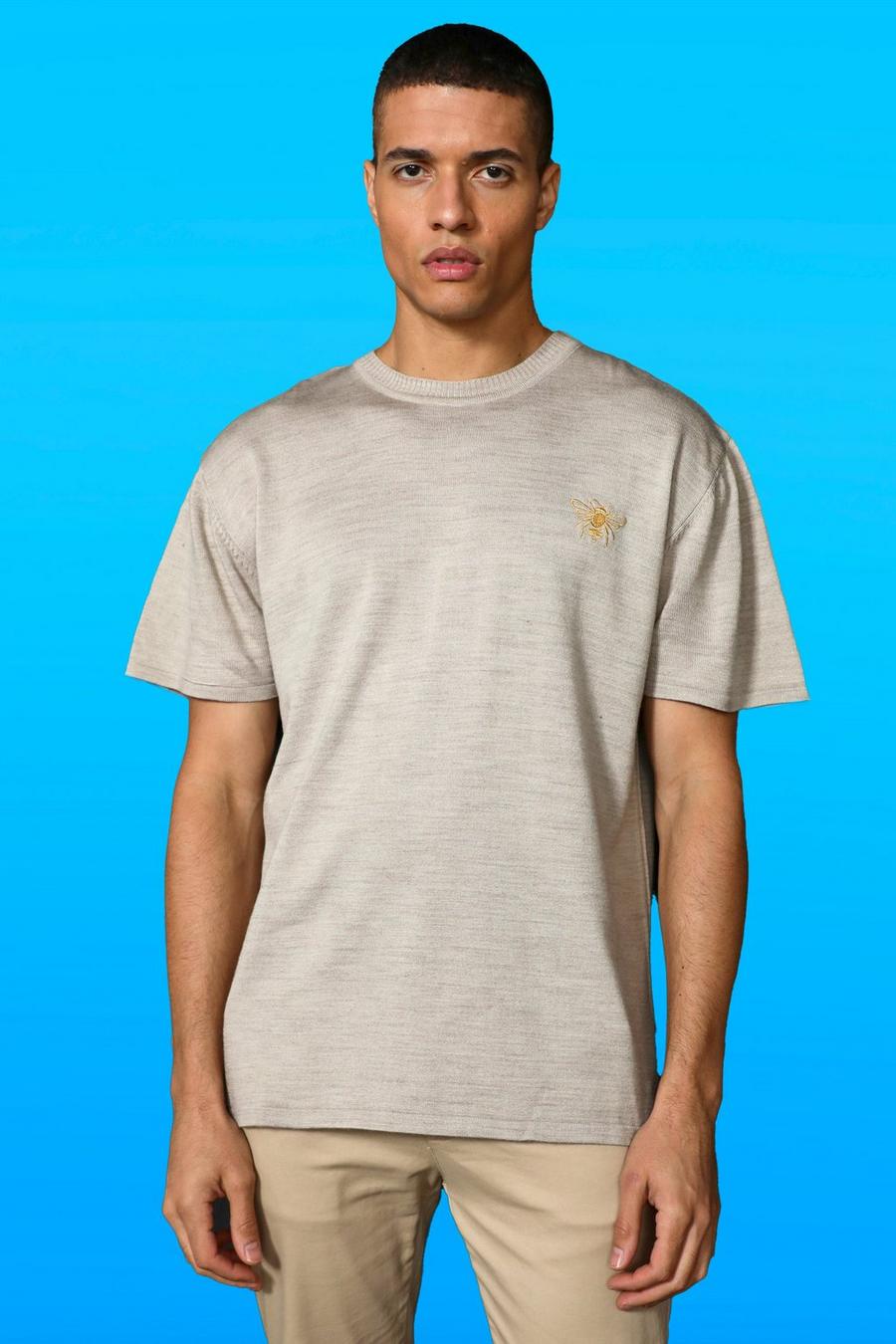 Stone beige Oversize stickad t-shirt med brodyr image number 1
