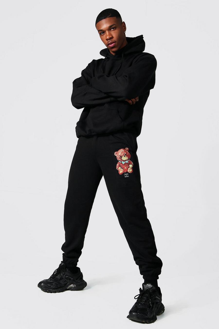 Black Oversized Teddy Graphic Hooded Tracksuit image number 1