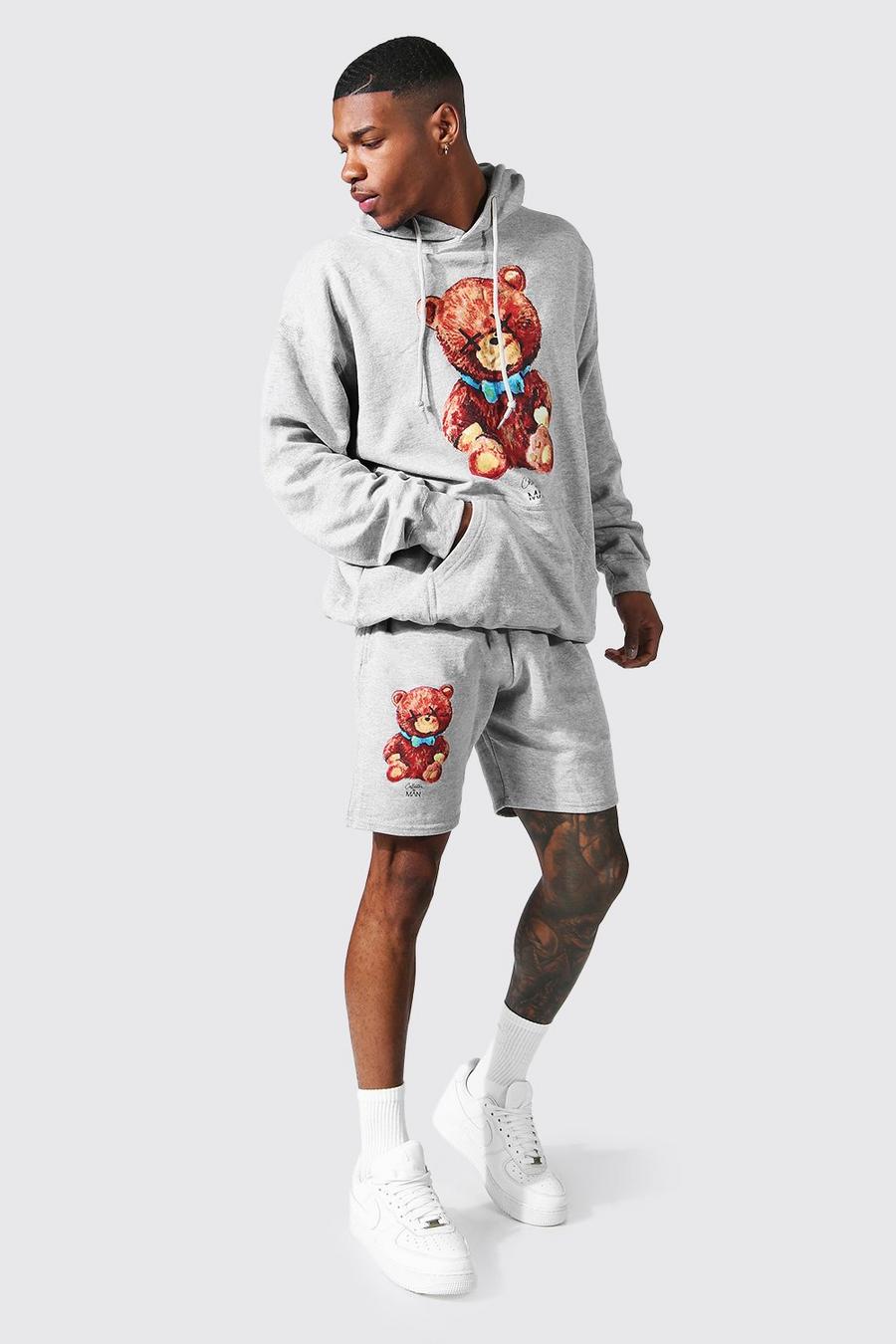 Grey marl Oversized Teddy Graphic Short Hood Tracksuit image number 1