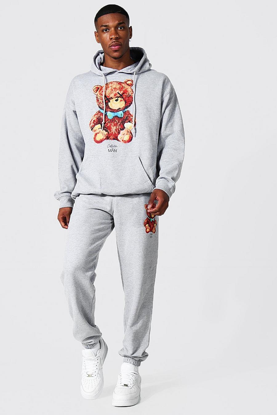 Grey marl gris Oversized Teddy Graphic Hooded Tracksuit image number 1