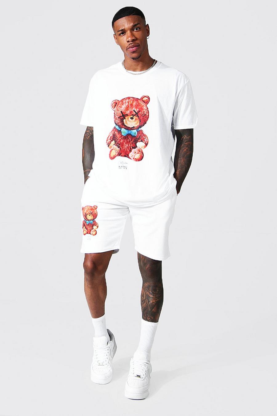 Oversized Teddy Graphic T-shirt & Short Set, White bianco image number 1