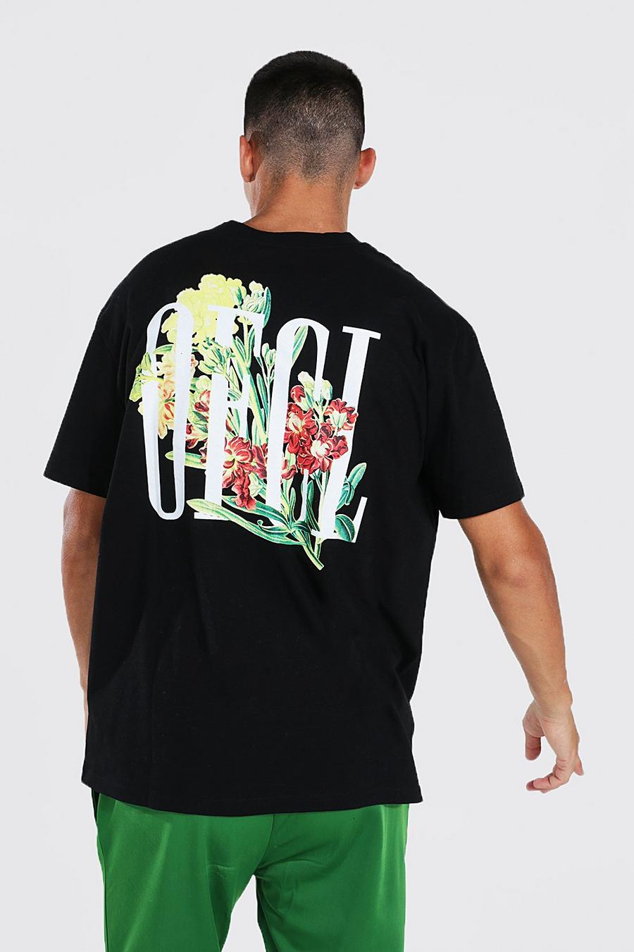 T-shirt oversize con grafica floreale e scritta Offcl, Nero image number 1