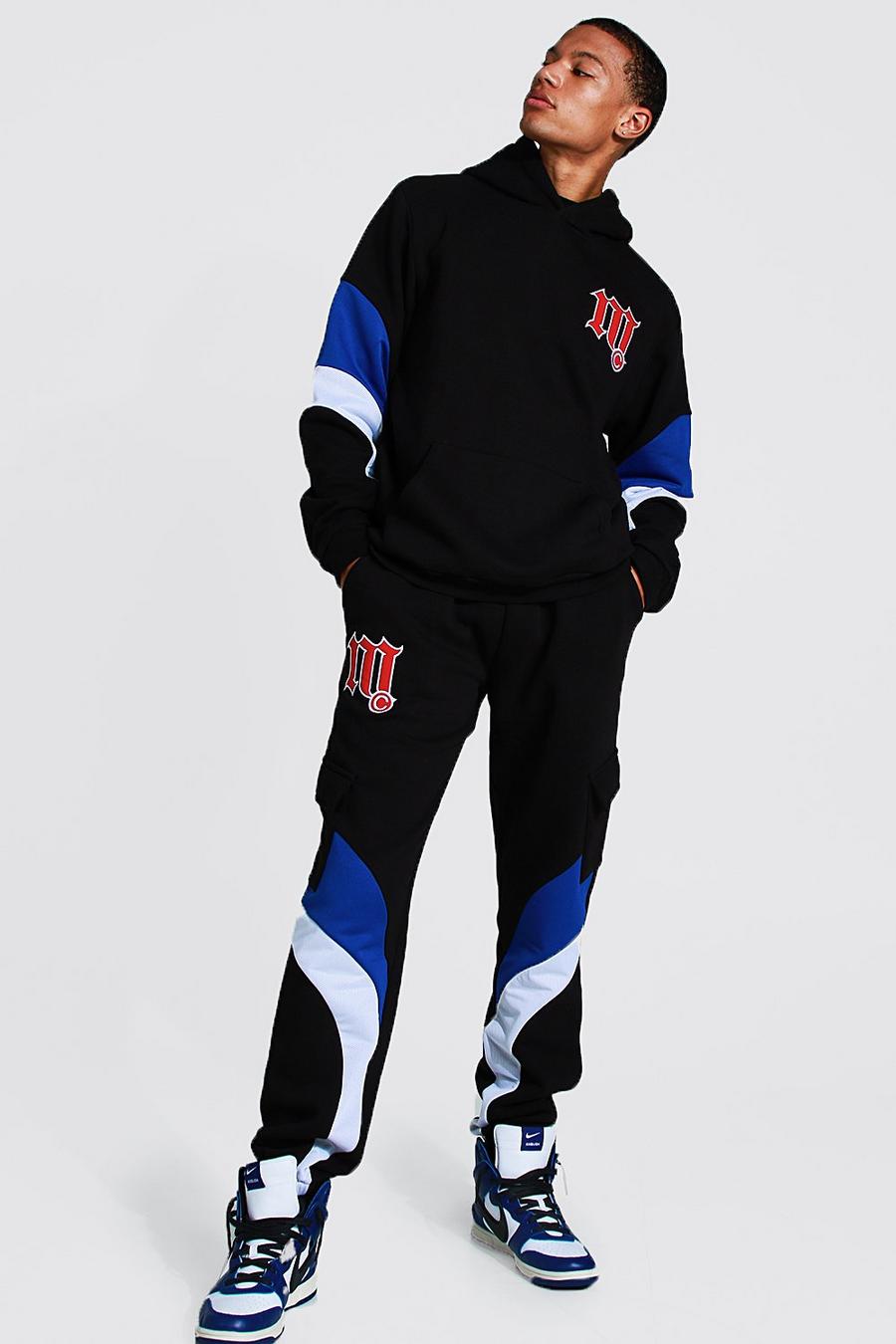 שחור חליפת טרנינג בסגנון נבחרת ספורט עם פאנל וצווארון משפך לגברים גבוהים image number 1