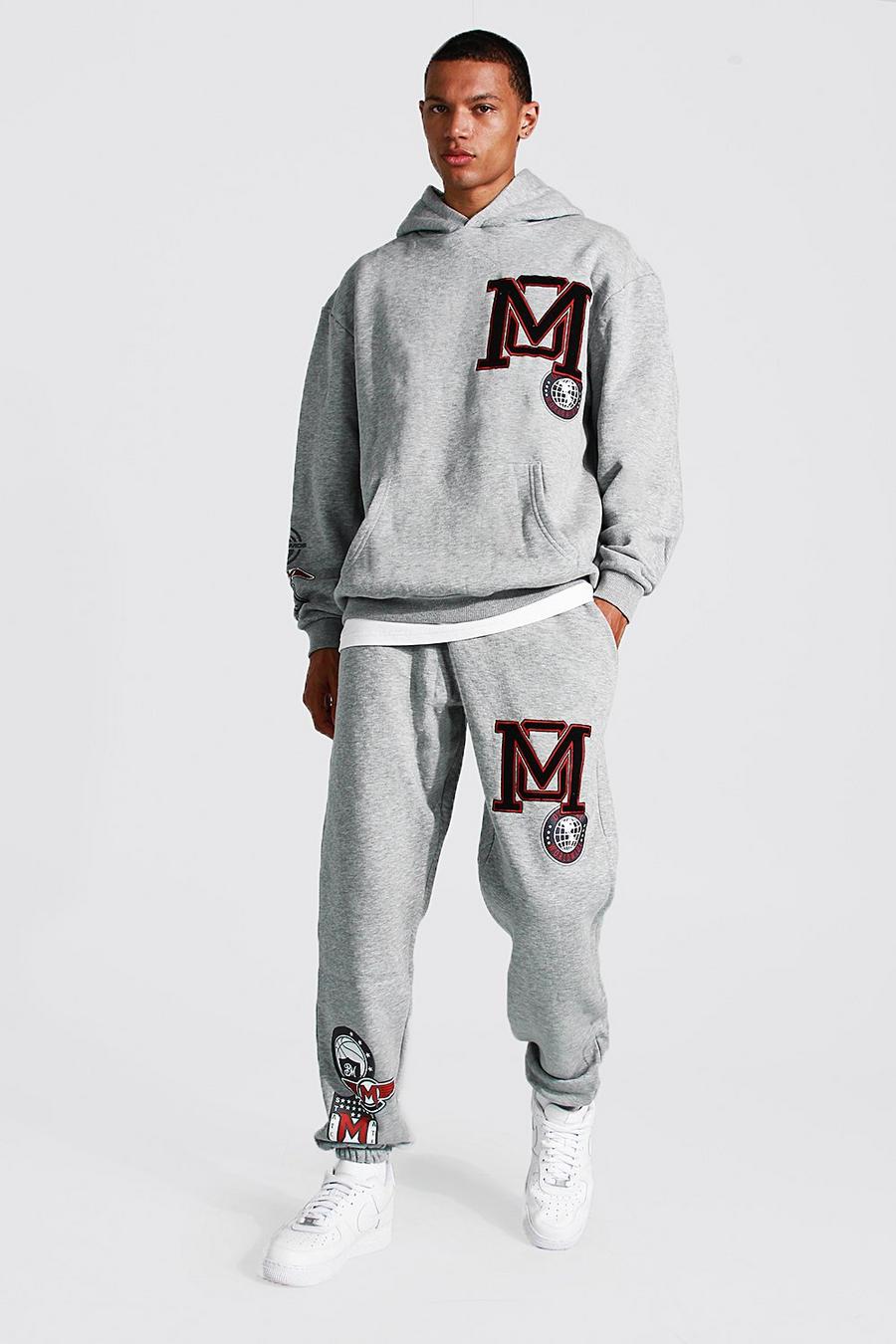 Grey marl gris Tall Varsity Applique Hooded Tracksuit image number 1