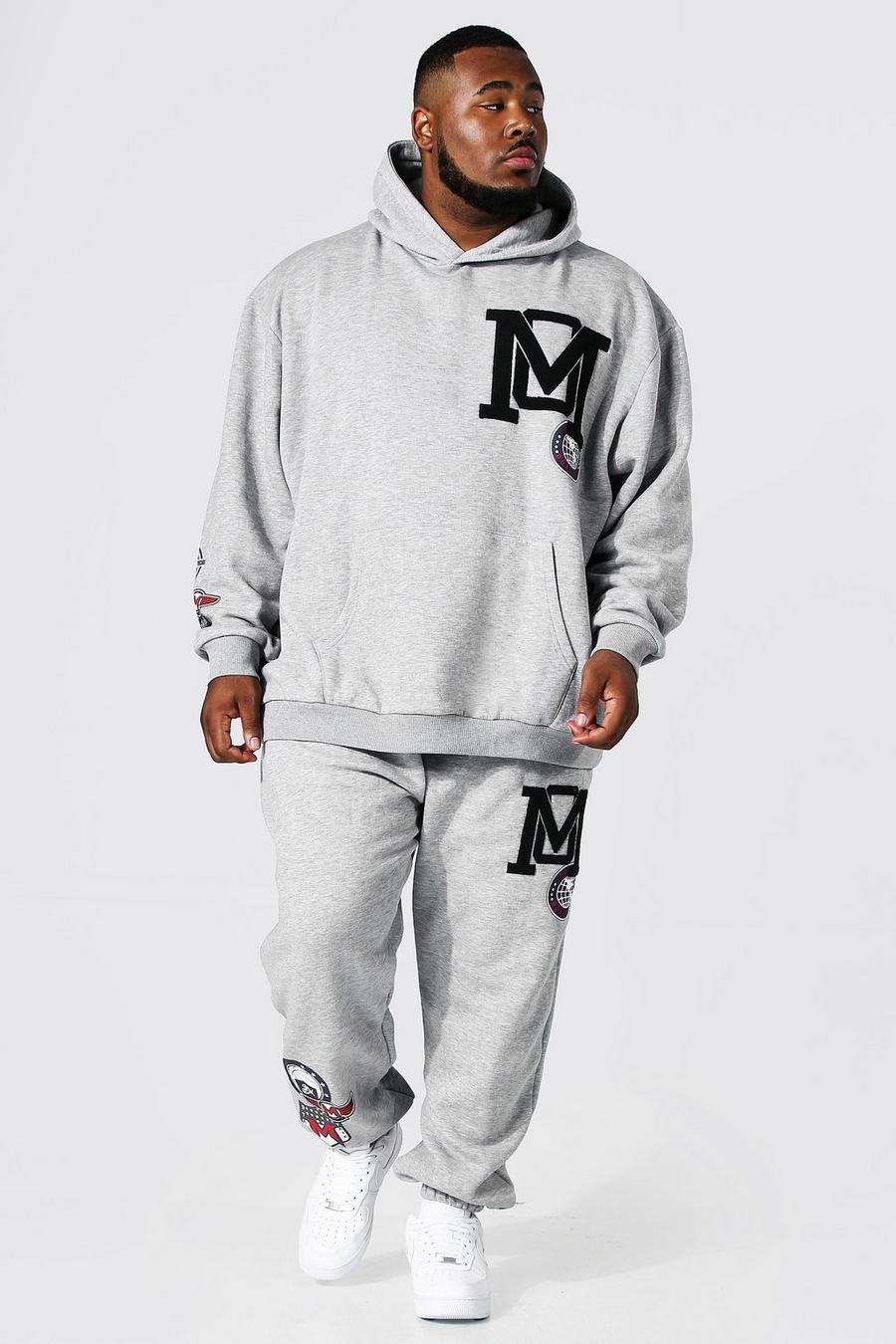 Grey marl grå Plus - Träningsoverall med hoodie och tryck i varsitystil image number 1