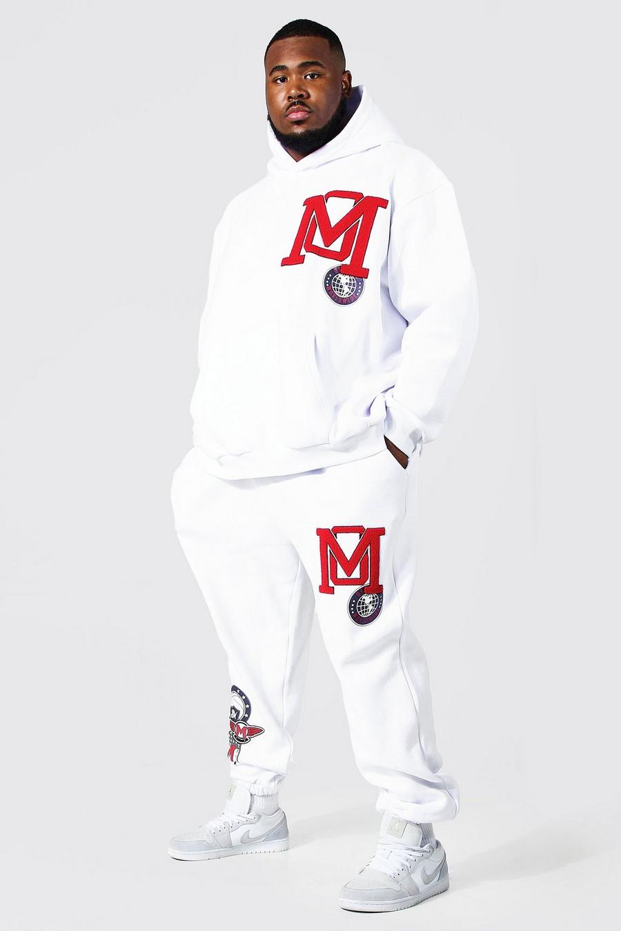 White vit Plus - Träningsoverall med hoodie och tryck i varsitystil image number 1