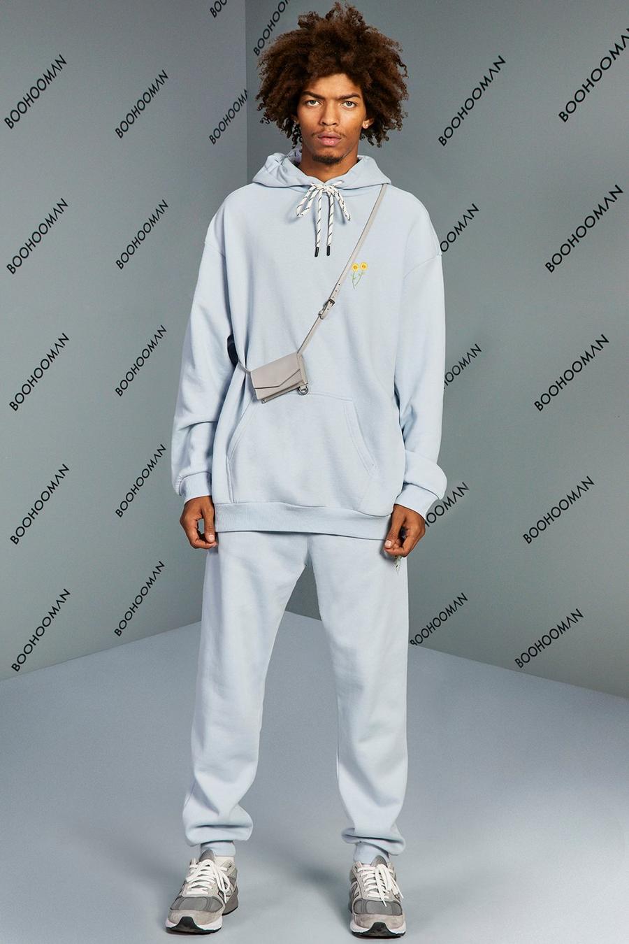 Dusty blue blå Oversized Floral Embroidery Hooded Tracksuit image number 1