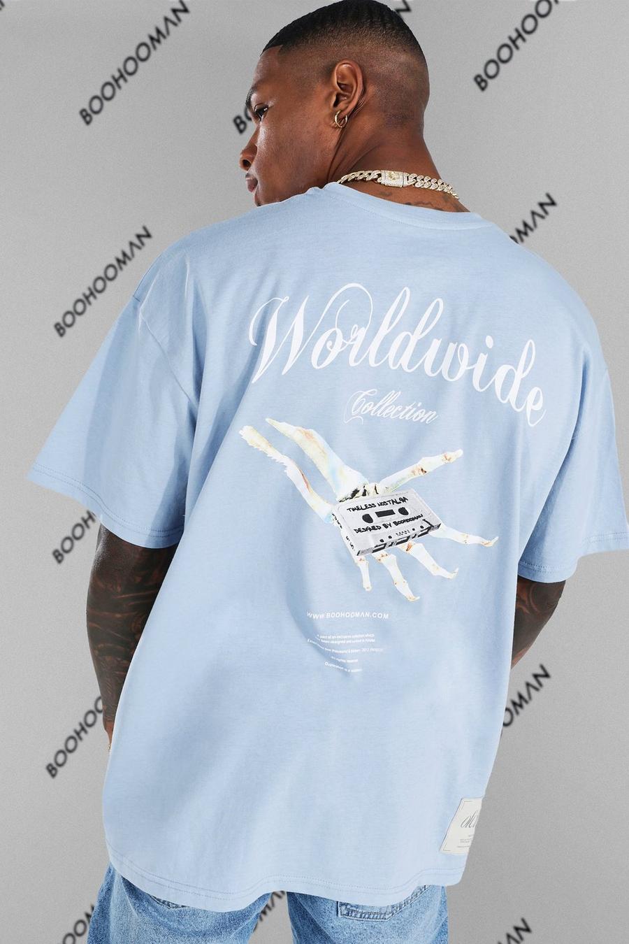 Dusty blue blå Oversized Worldwide Tape Graphic T-shirt image number 1