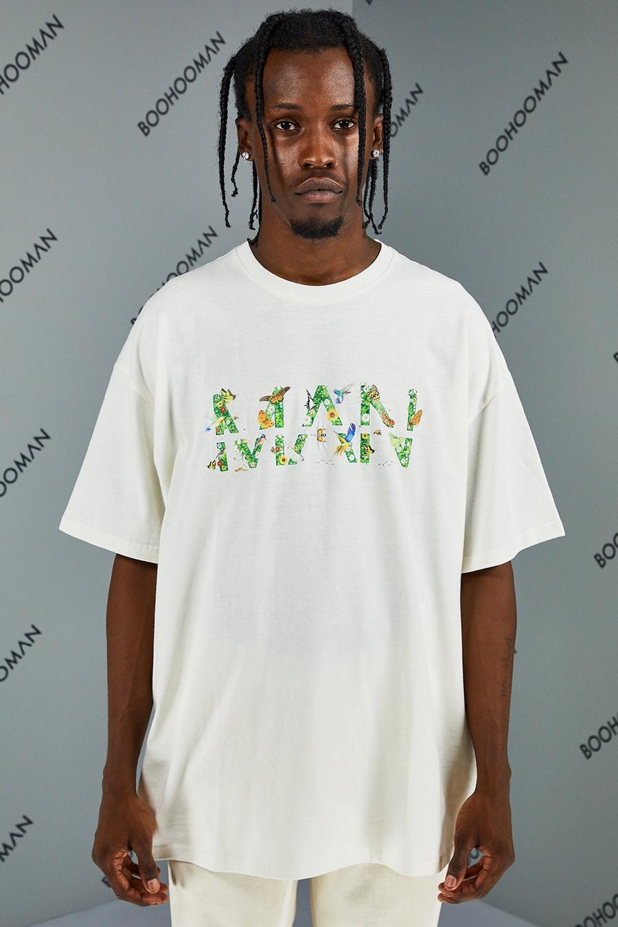 Ecru Oversized Bloemen Man T-Shirt image number 1