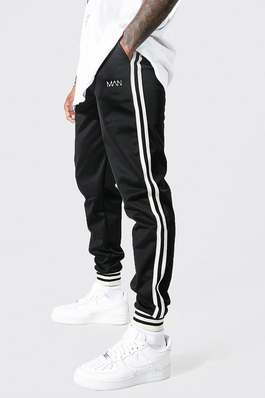 Pantalón deportivo ajustado de tejido por urdimbre con franja, Black image number 1