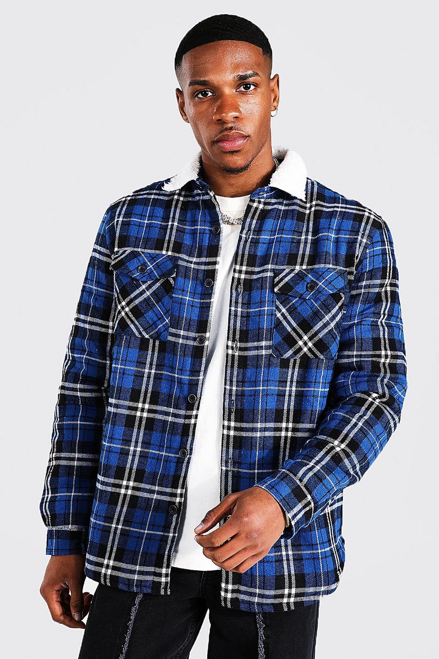 Cobalt blå Quilted Heavy Weight Check Overshirt With Borg Lining image number 1