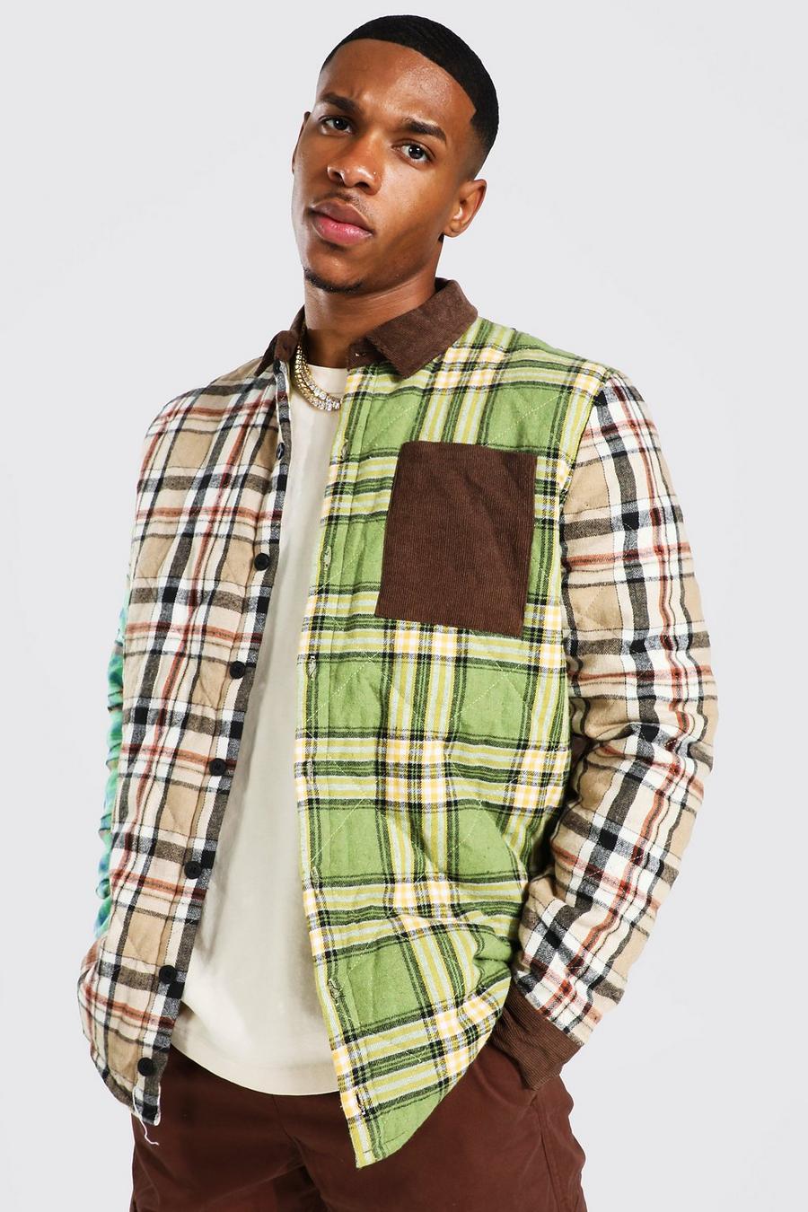 Green Quilted Spliced Check Cord Collar Overshirt image number 1