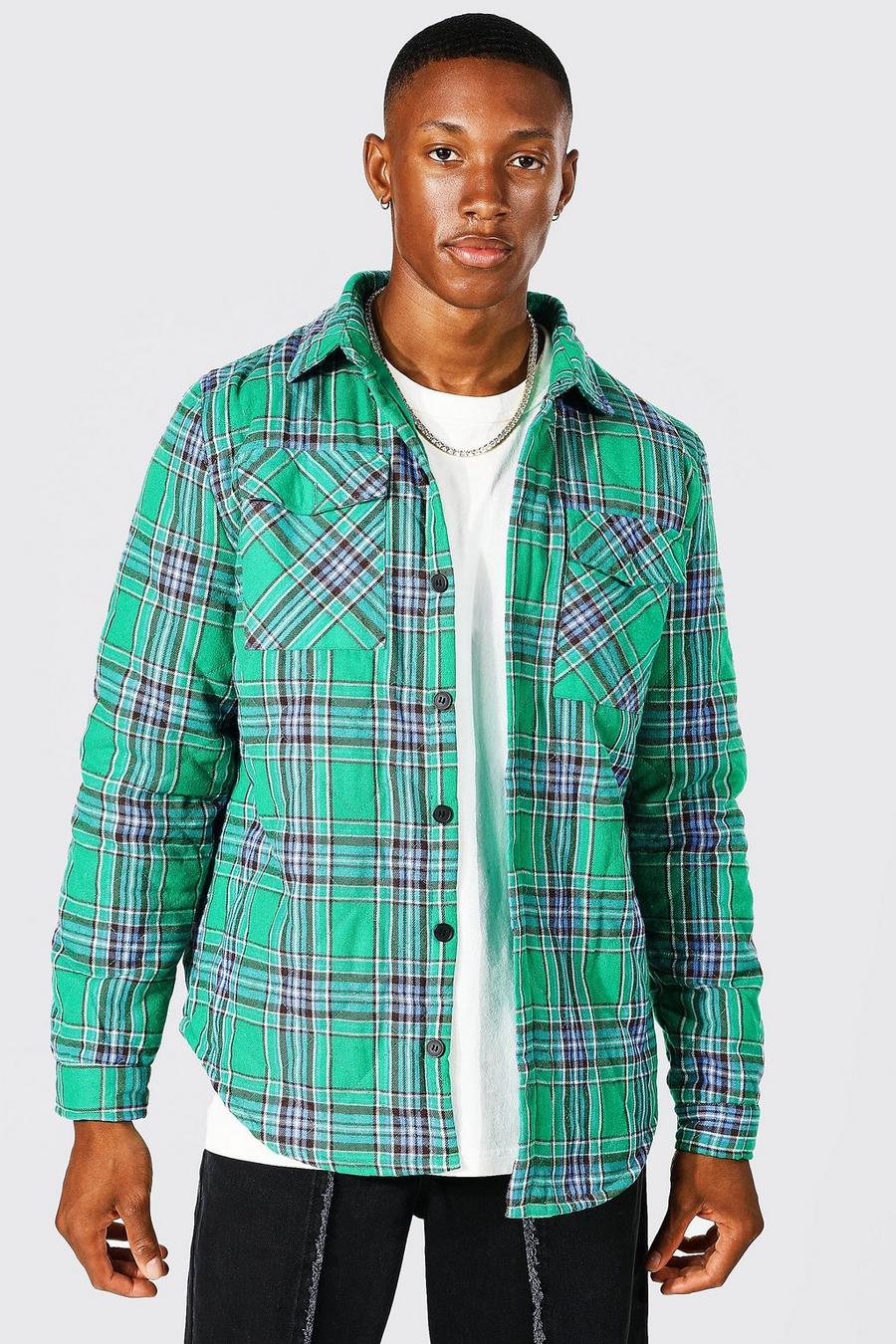Green grön Quilted Heavy Weight Check Overshirt With Curved Hem image number 1
