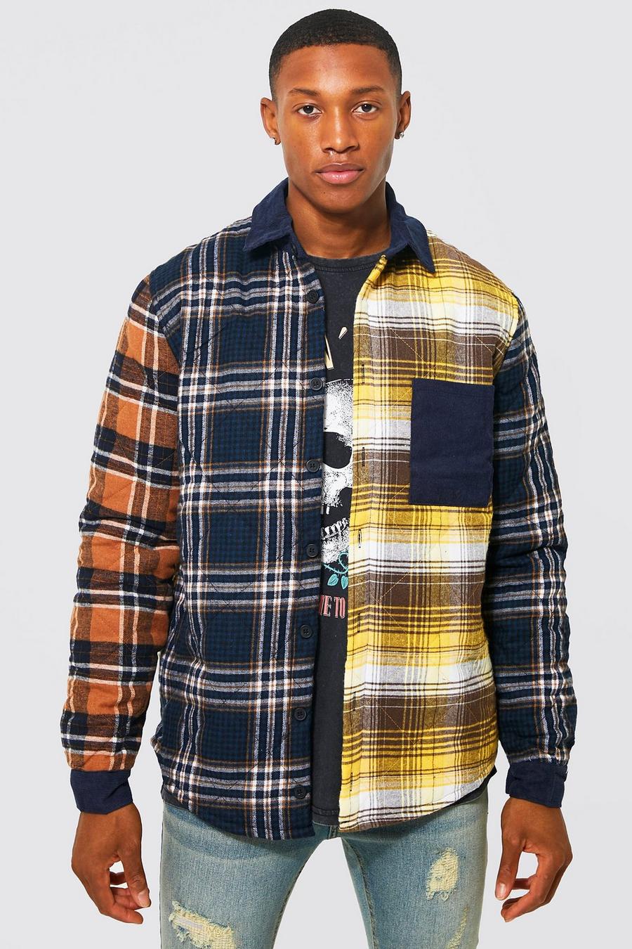 Yellow Quilted Spliced Check Cord Collar Overshirt image number 1