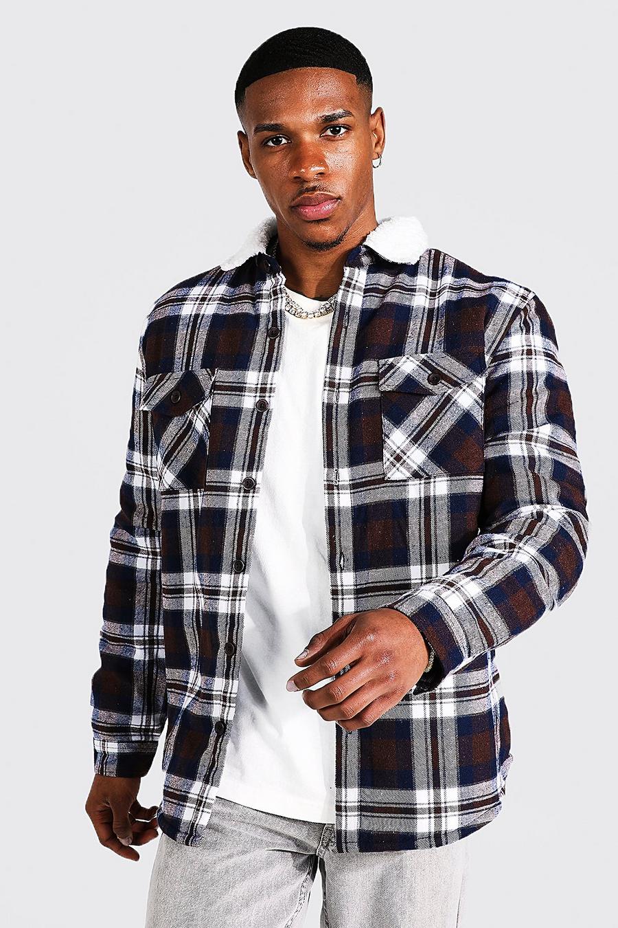 Brown Quilted Heavy Weight Check Overshirt With Borg Lining image number 1