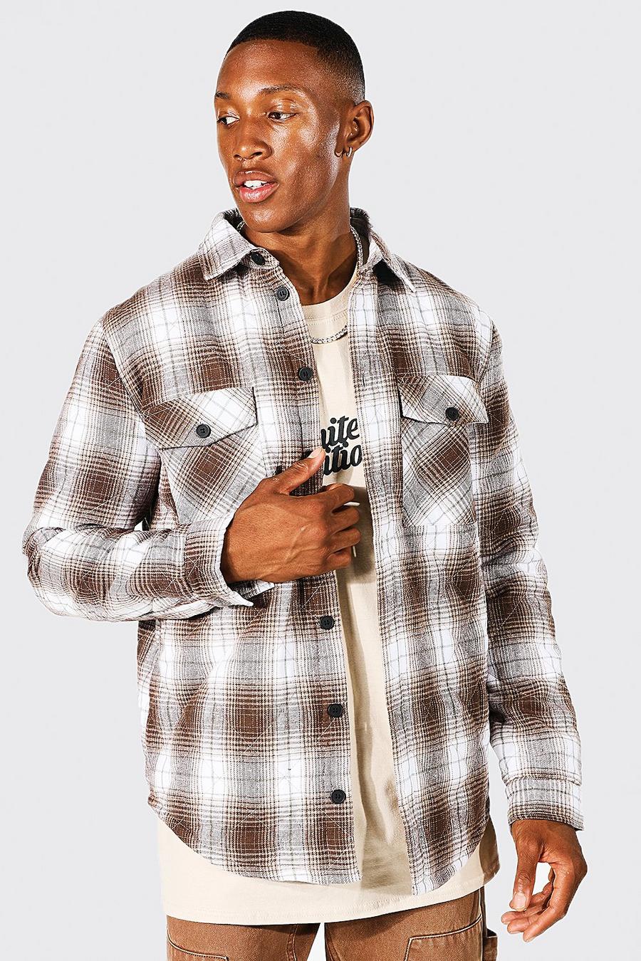 Beige Quilted Heavy Weight Check Overshirt With Curved Hem image number 1