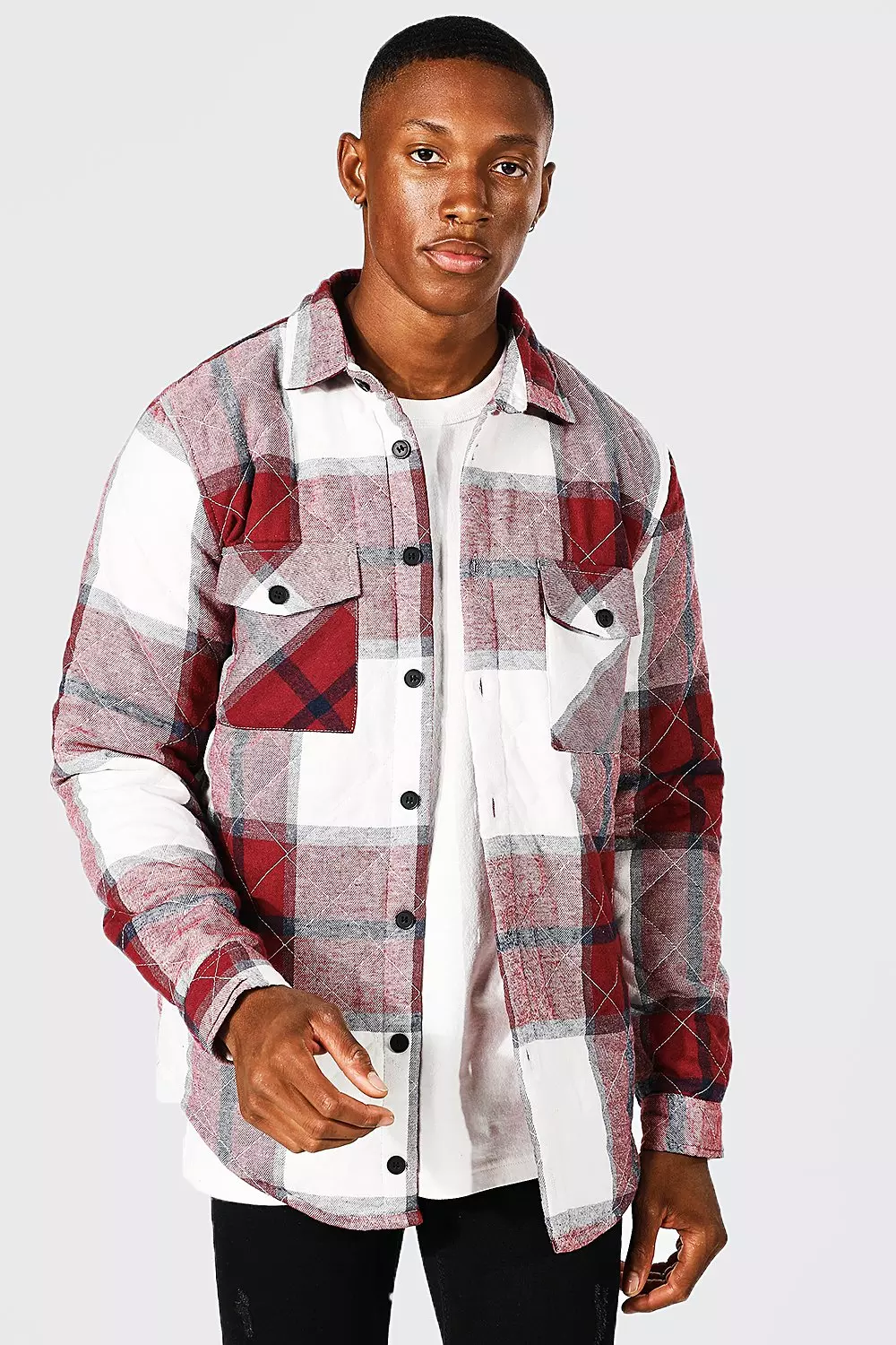 Red Quilted Heavy Weight Check Overshirt With Curved Hem alternative image