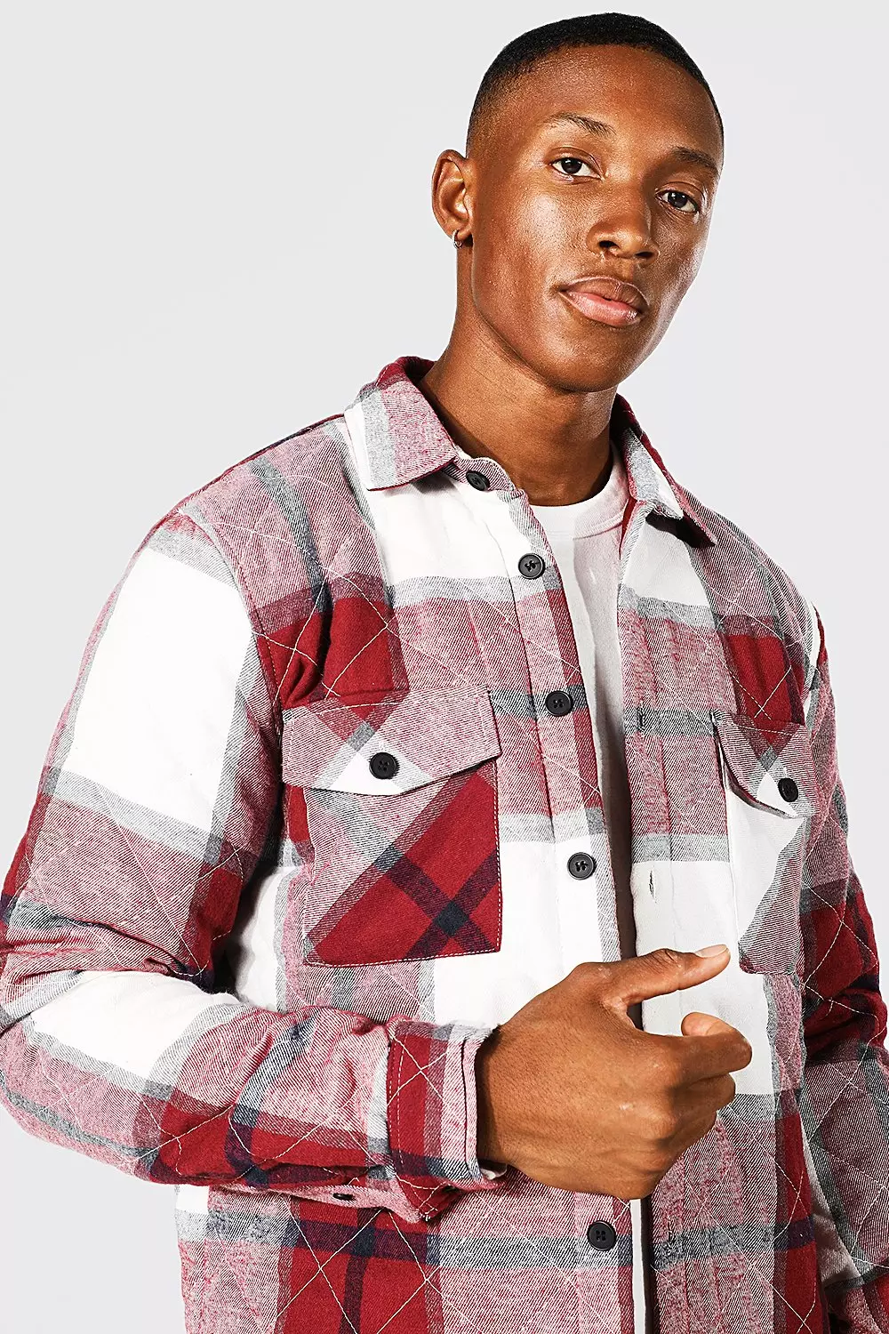 Red Quilted Heavy Weight Check Overshirt With Curved Hem alternative image