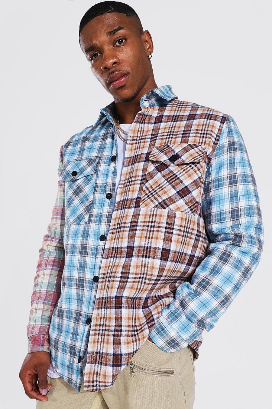Blue bleu Quilted Heavy Weight Spliced Check Overshirt image number 1