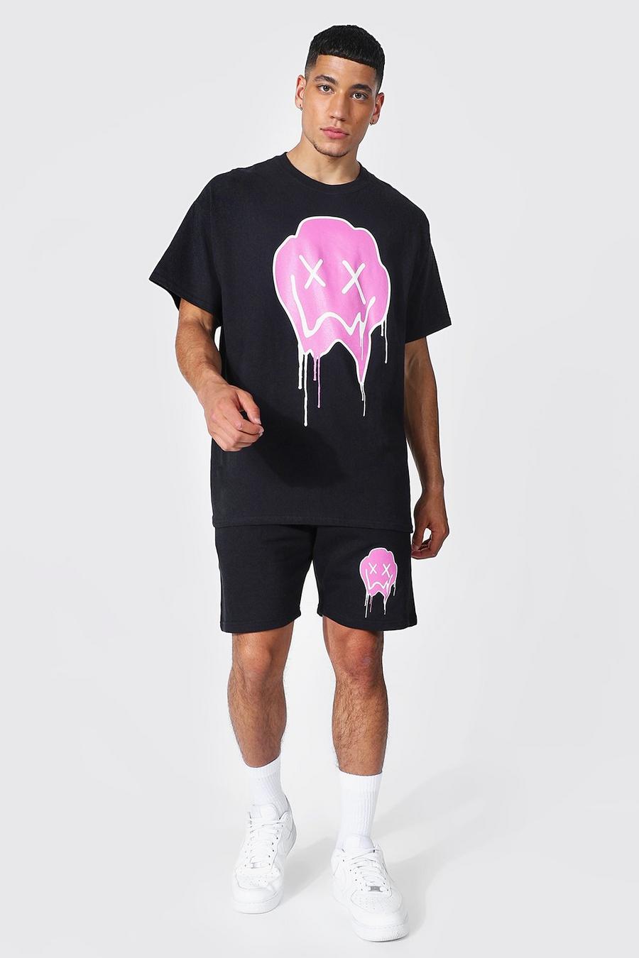 Black Oversized Druipende Smiley T-Shirt En Shorts Set image number 1