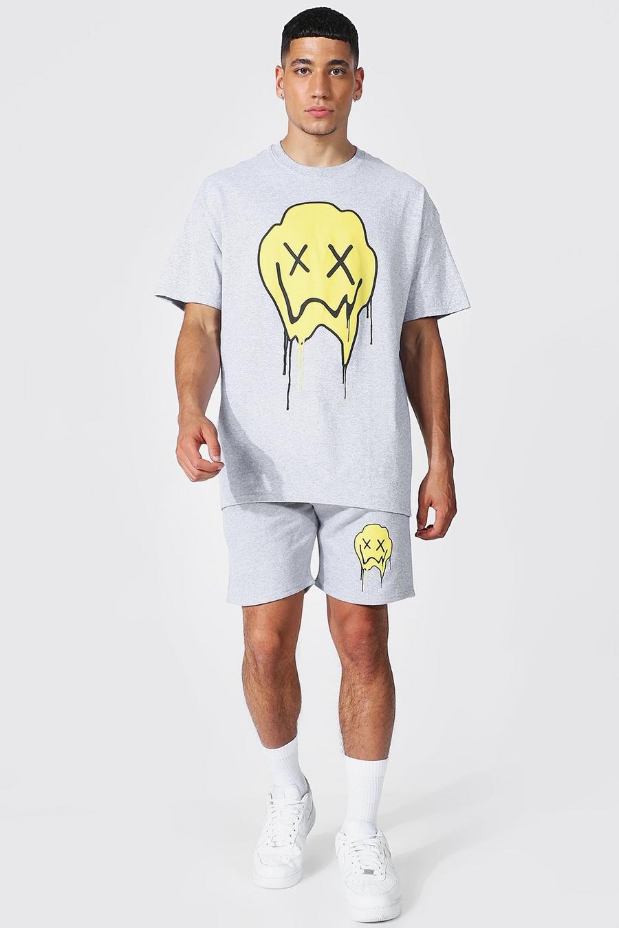 Grey marl Oversized Druipende Smiley T-Shirt En Shorts Set image number 1