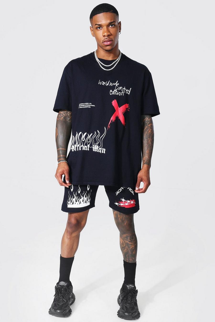 Black MAN Oversize t-shirt och shorts med graffititryck image number 1
