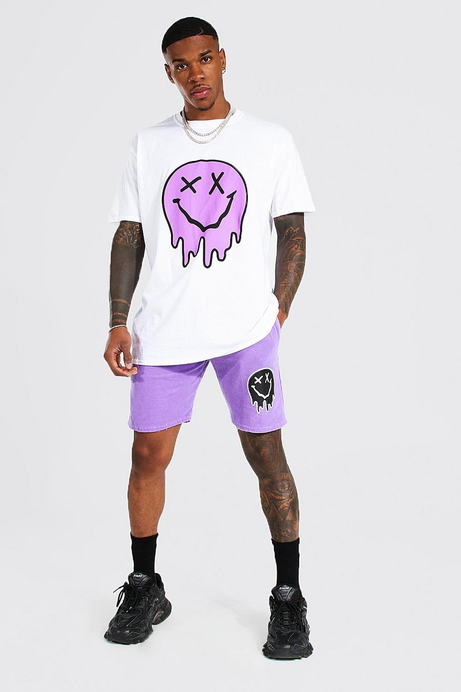 White Oversized Hi-lo Drip Face Tee And Short Set image number 1