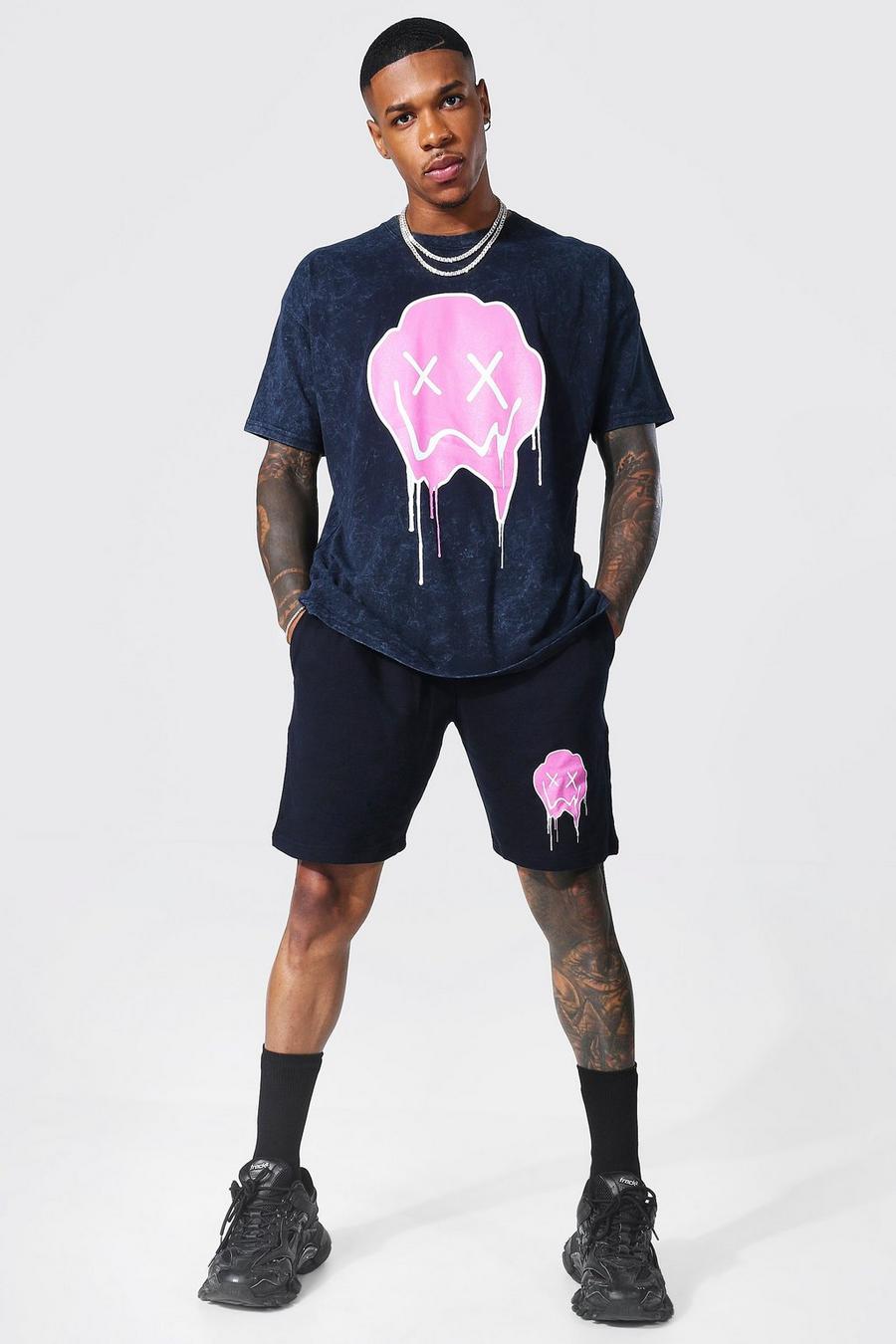 Black Oversized Acid Wash Drip Face T-shirt & Shorts Set image number 1
