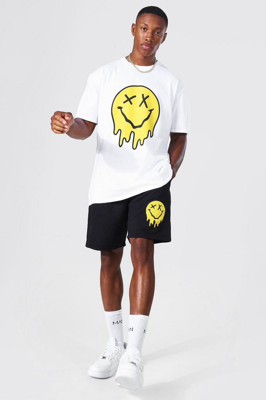 White Oversized Druipende Smiley Hi-Lo T-Shirt En Shorts Set image number 1