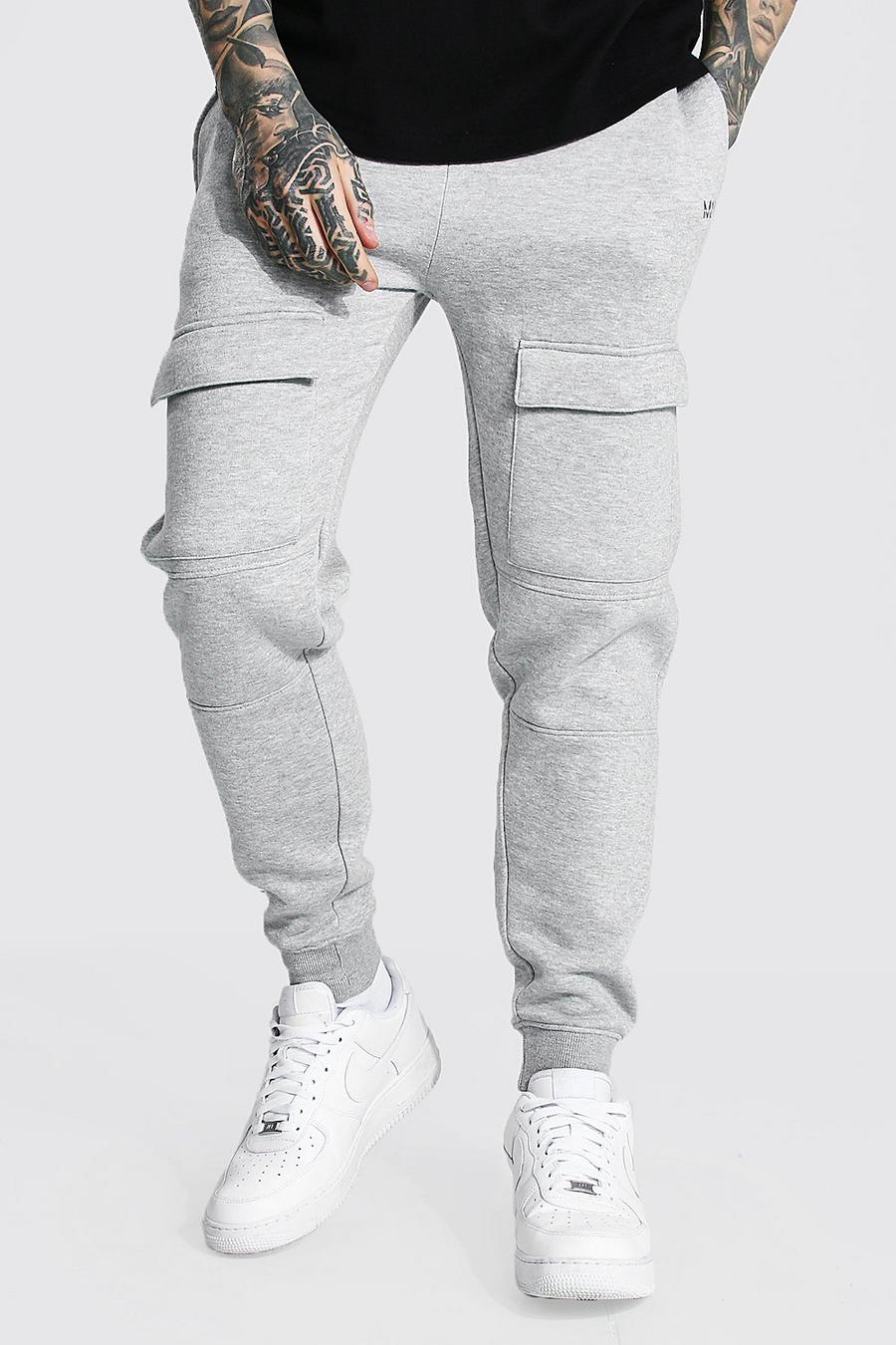 Pantalón deportivo MAN ajustado con bolsillos cargo y paneles, Grey marl gris image number 1