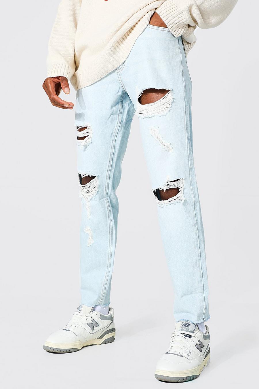 for Men BoohooMAN Denim Tall Slim Fit Distressed Hem Ripped Jeans in Ice Blue Blue Mens Clothing Jeans Slim jeans 
