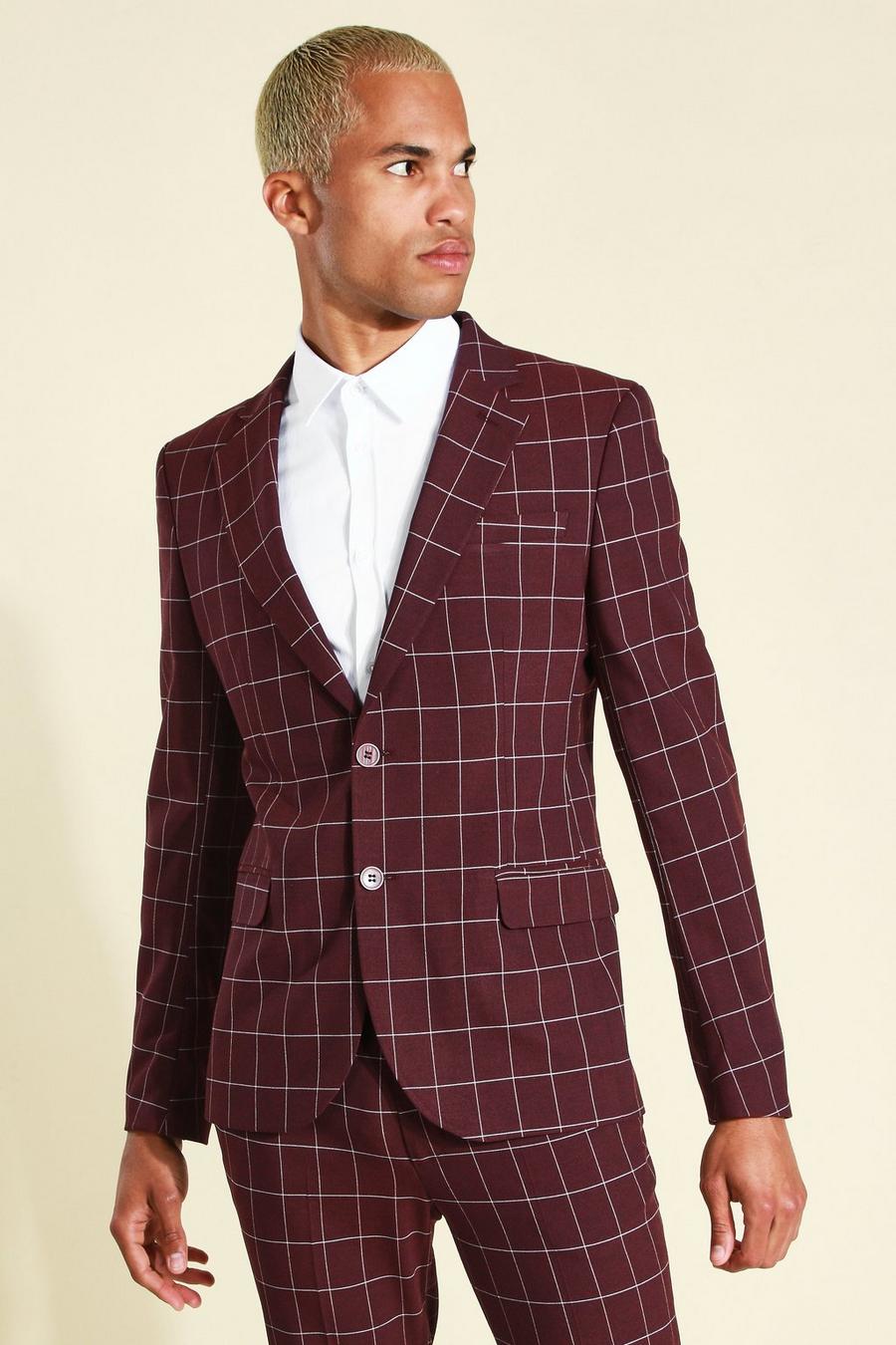 Burgundy red Super Skinny Check Breasted Suit Jacket image number 1