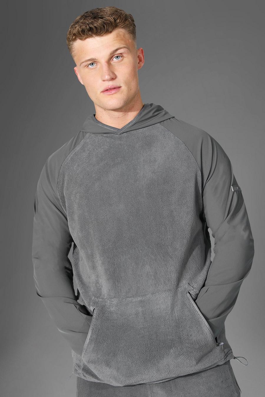 Man Active Fleece- Hoodie mit matten Ärmeln, Charcoal gris image number 1