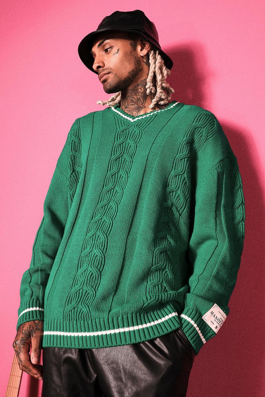 Green grön Oversized Knitted Cable Jumper With Woven Tab image number 1