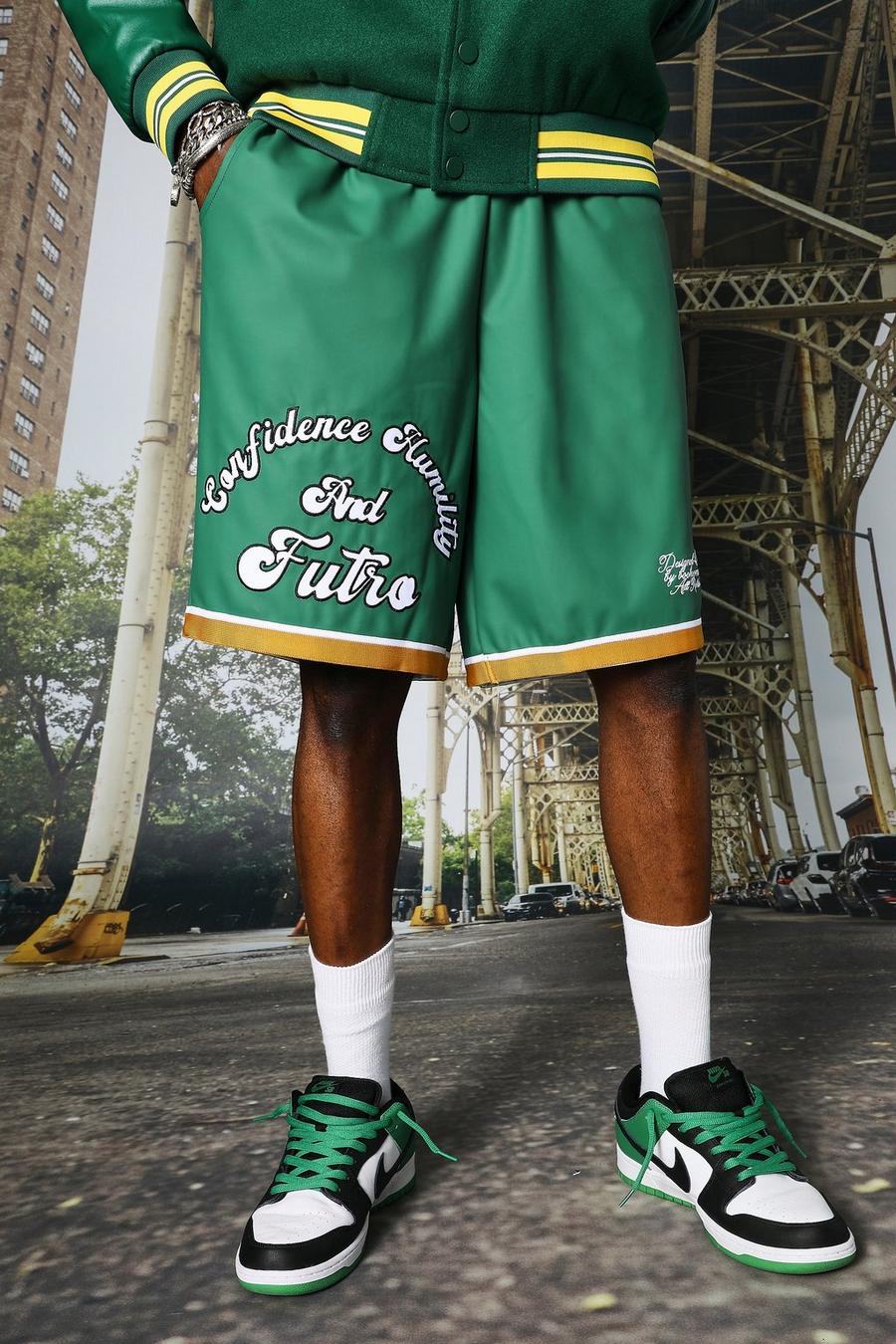 Pantalones cortos de béisbol y cuero sintético con estampado de eslogan, Green image number 1