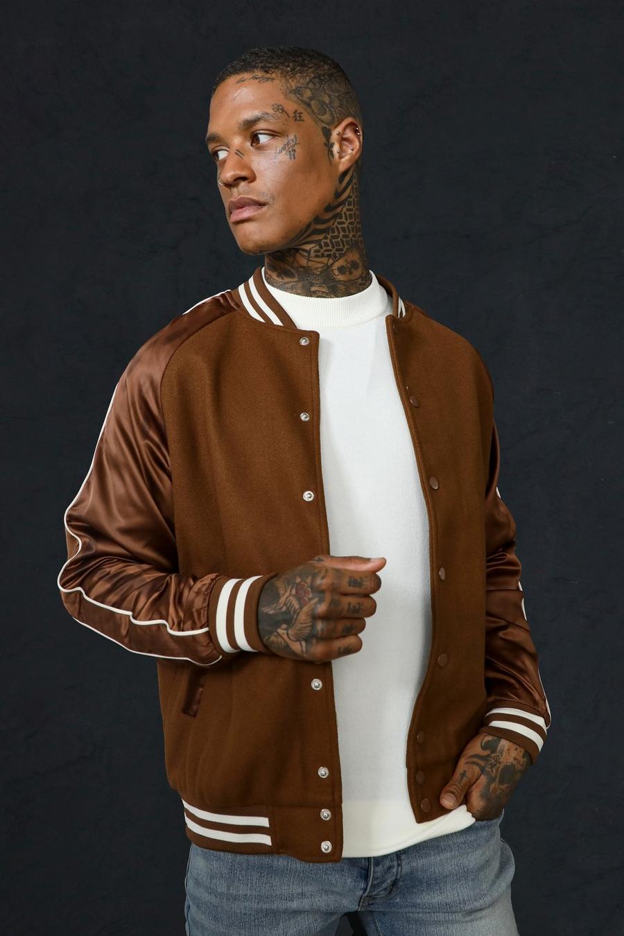Chocolate Suede Bomber With Satin Sleeves image number 1