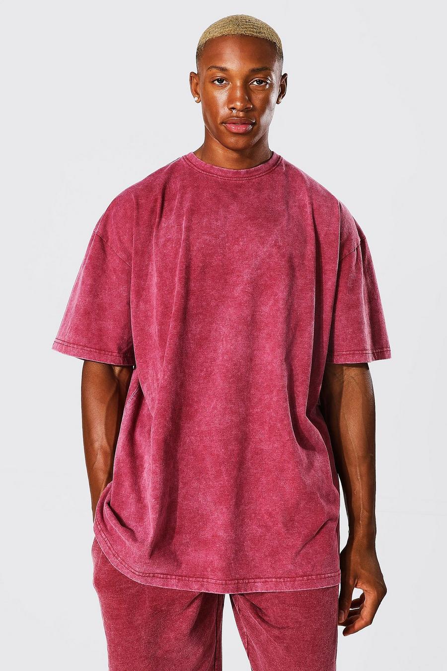 Burgundy röd Oversize t-shirt med tvättad effekt image number 1